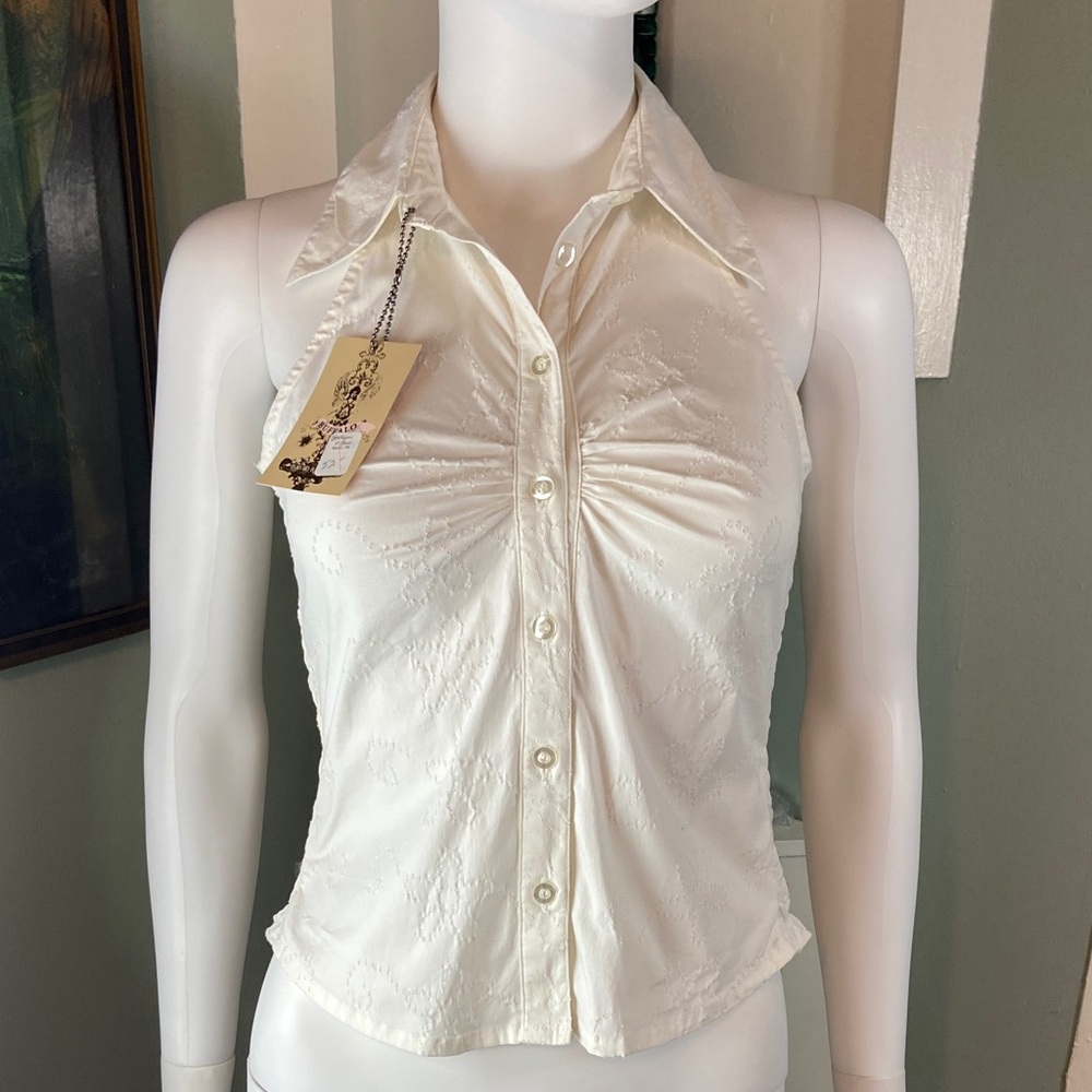 Nwt Vintage Buffalo David Bitton White Sleeveless Halter Floral Blouse Smocked